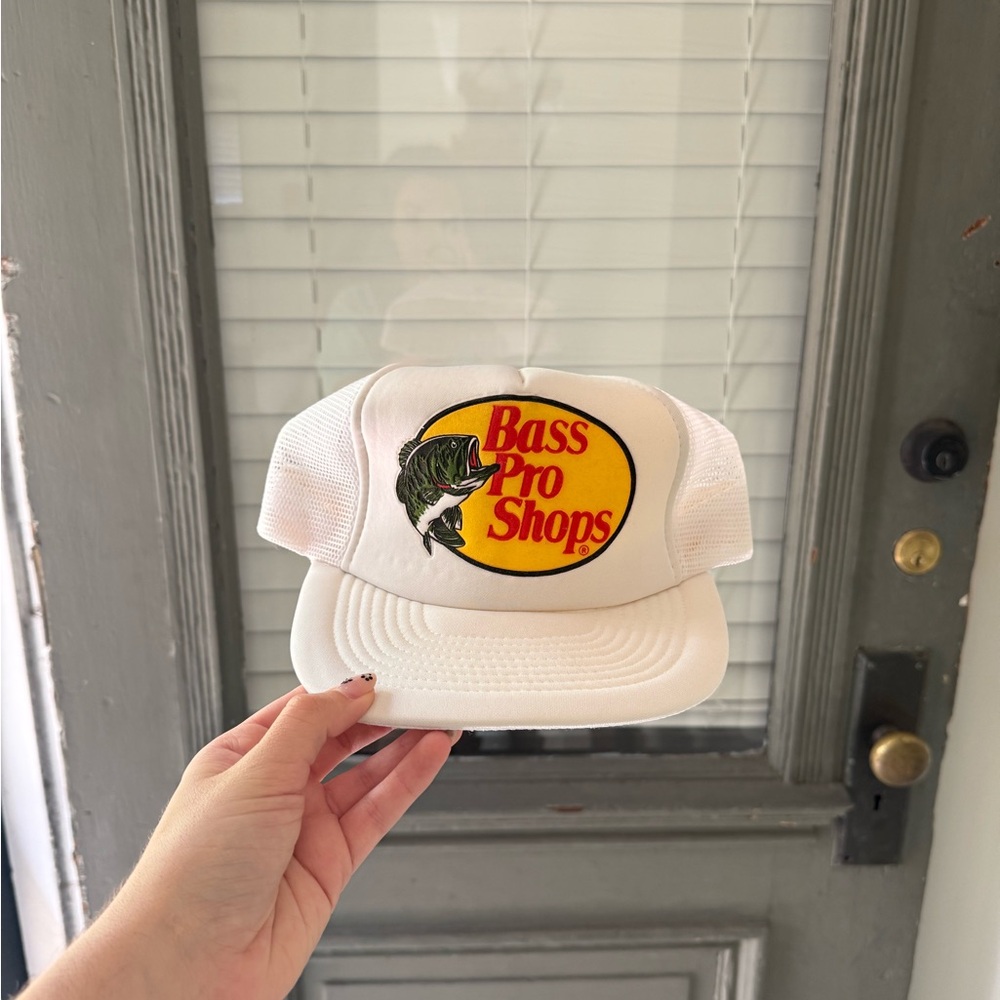 Bass Pro Shops White Mesh Trucker Hat with Yellow Logo Patch